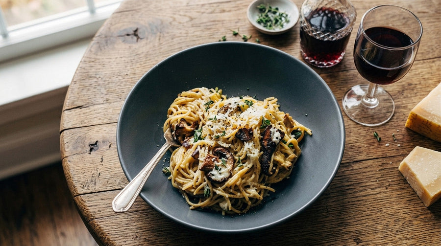 Earthy Mushroom Pasta with Bloc Wines' Pinot Noir
