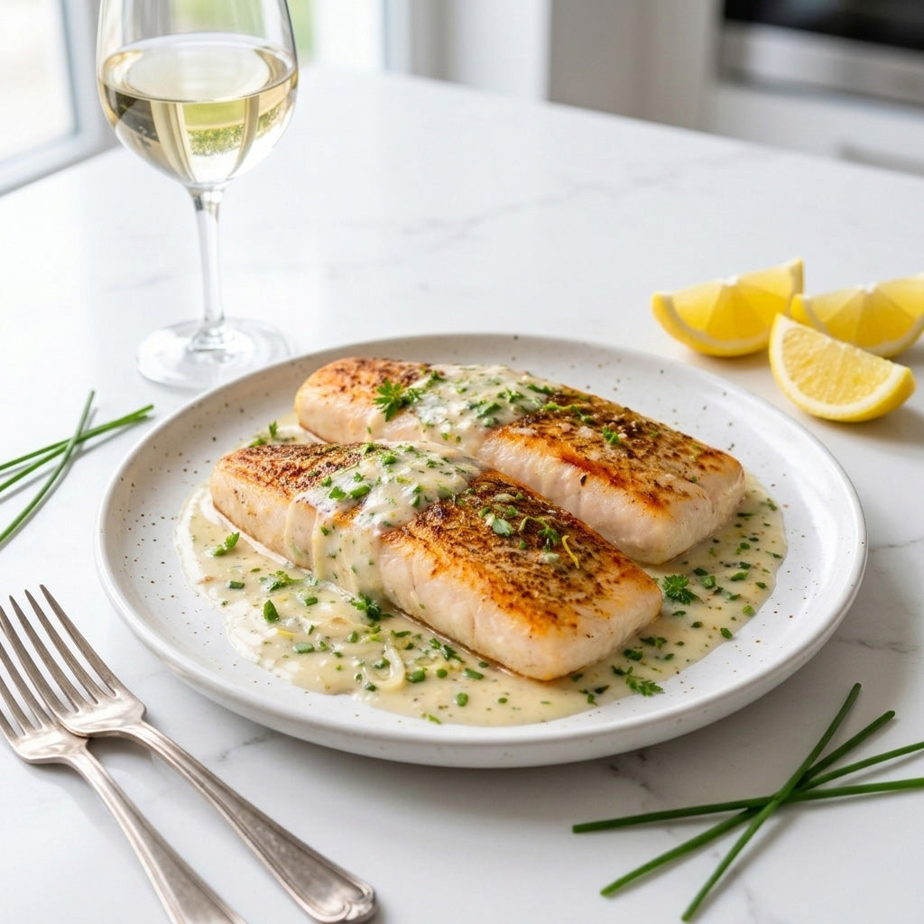 Sea Bass with Bloc Wines' Sauvignon Blanc Shallot Cream